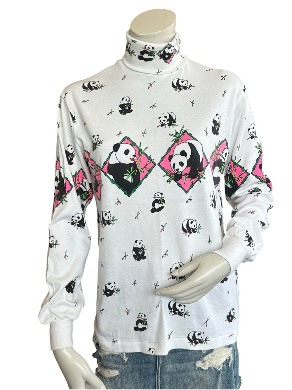 Vintage Kombi Single Stitch White Panda Pink Green Bamboo Print Turtleneck XL